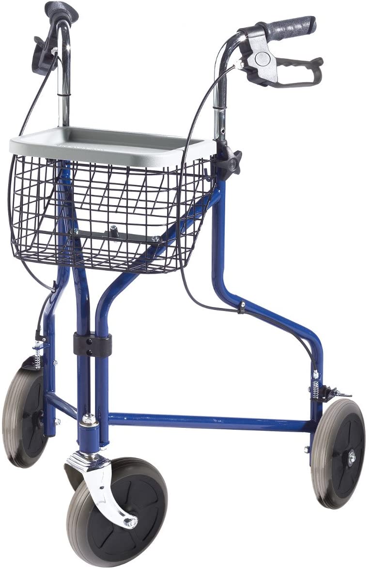 FabaCare Premium 3-Wheel Rollator Blue Basket Tray Parking Brakes Height Ad