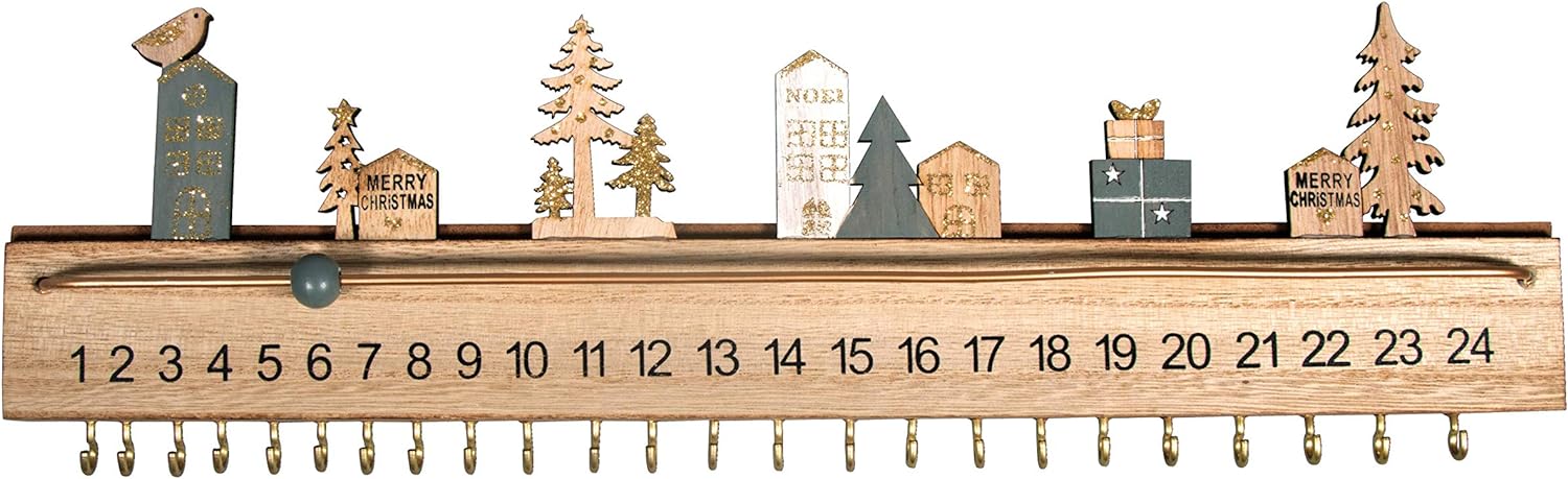 Rayher 46556000 Wooden Advent Calendar Wooden Strip 40 x 3.5 x 12 cm 2 Mounted Wall Hangers 24 Golden Hooks for Hanging Packages