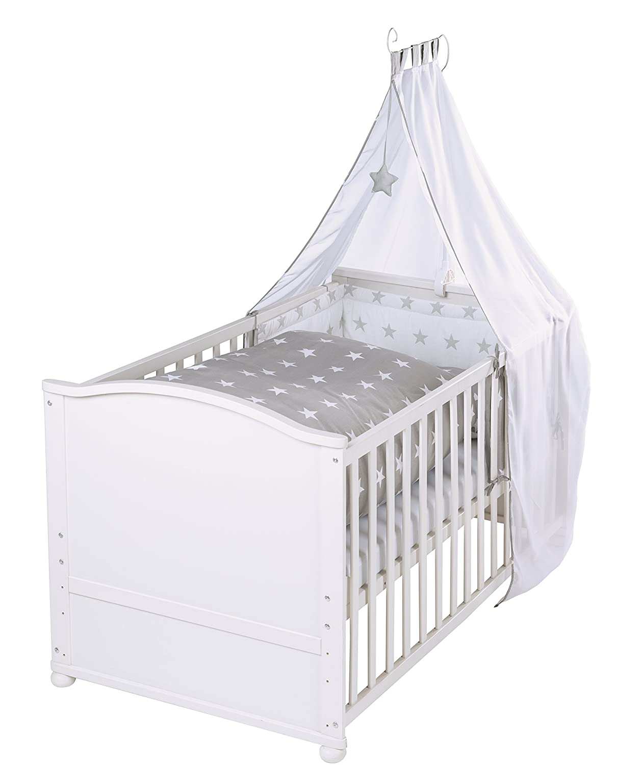 Roba Little Stars Complete Bed Set White with Furnishings, Combi Cot 70 x 140 cm incl. Bed linen, canopy, nest, mattress. Adam and Owl White