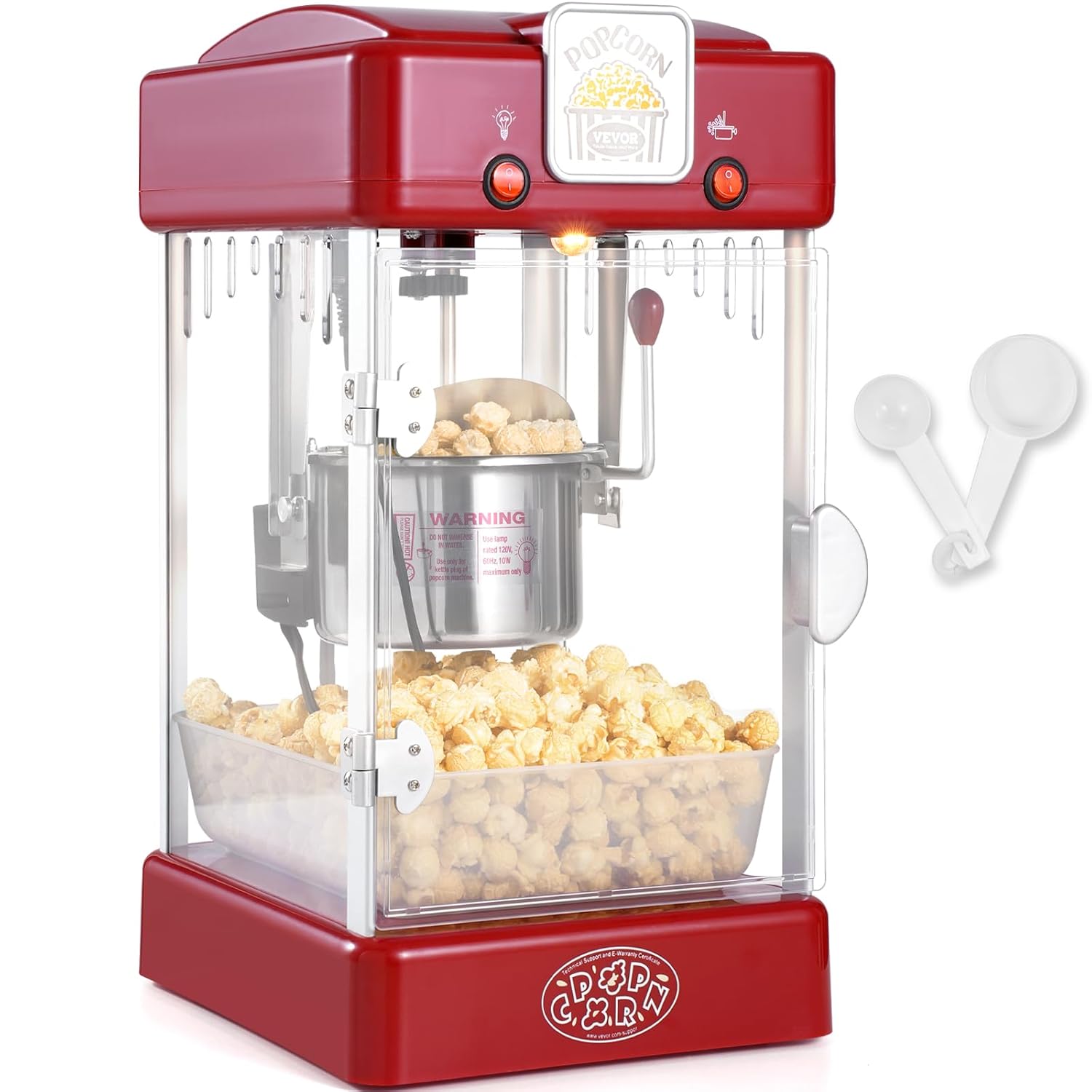 VEVOR Popcorn Maker, 300W Popcorn Machine, 2.5oz Kettle Makes 4QT Per Load, Tabletop Popcorn Machine with PP Door, Includes 2 Scoops and Tray, Cinema Style, Red