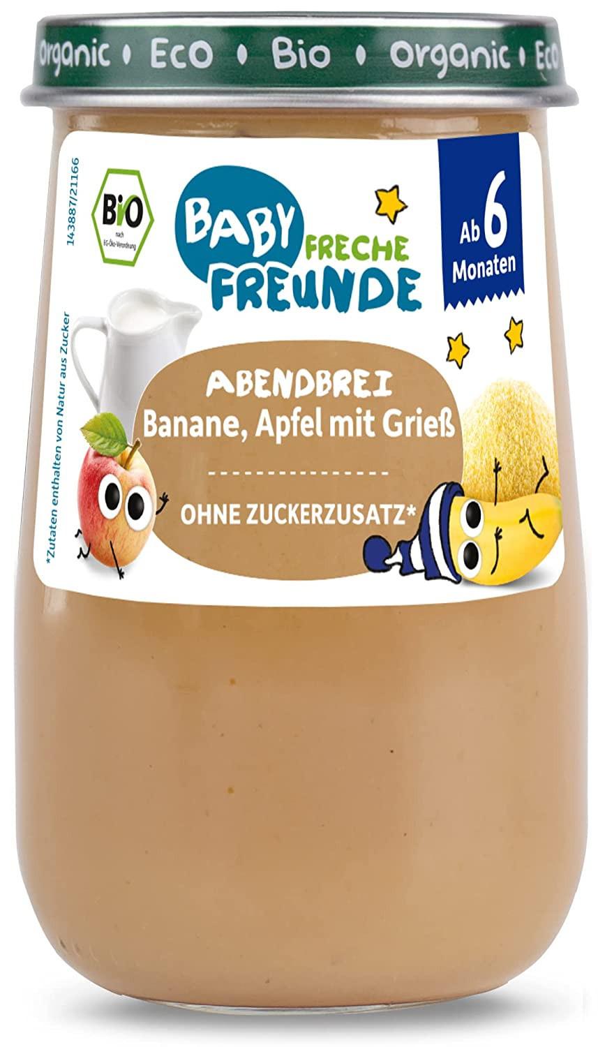 BABY FRECHE FREUNDE Bio Gläschen Abendbrei Banane, Apfel mit Grieß für Babys ab 6 Monaten, ohne Zuckerzusatz, 6er Pack (6x190g)