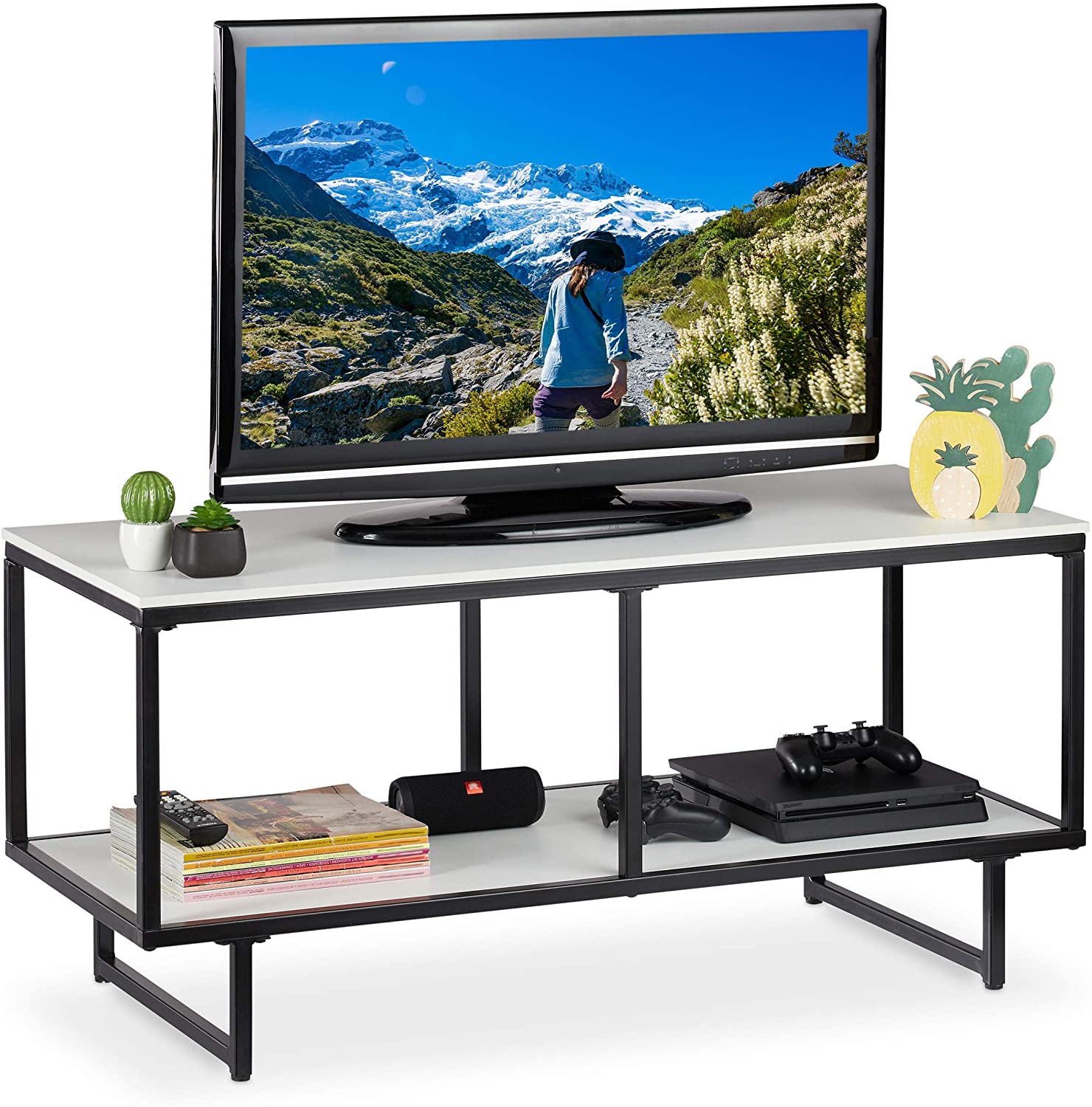 Relaxdays Tv Lowboard, 2 Shelves, Tv Table Living Room, Open, Metal Frame, 