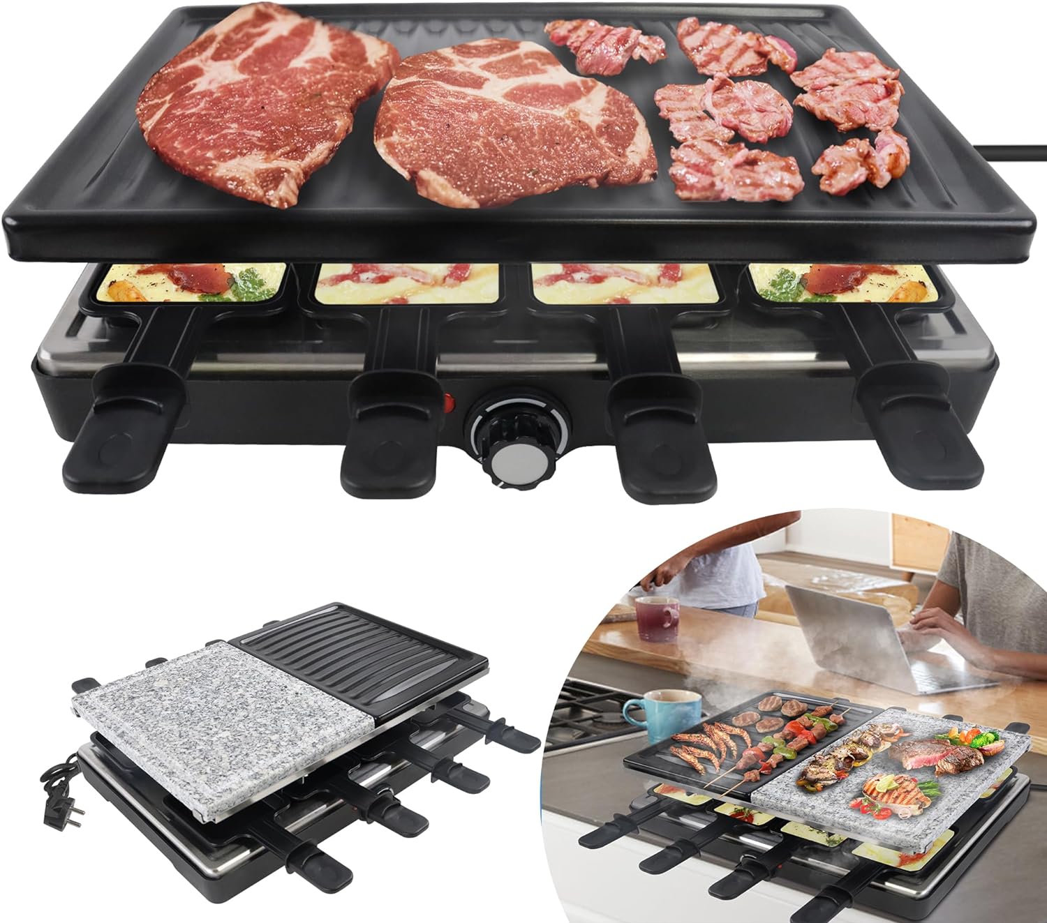 YRHome Raclette Grill for 8 People, Multi-Grill with Stone Plate and Grill Plate, 1400 W Table Grill, 8 Pans and Wooden Spatula, Continuously Adjustable Temperature, Electric Grill for Indoor Barbecue