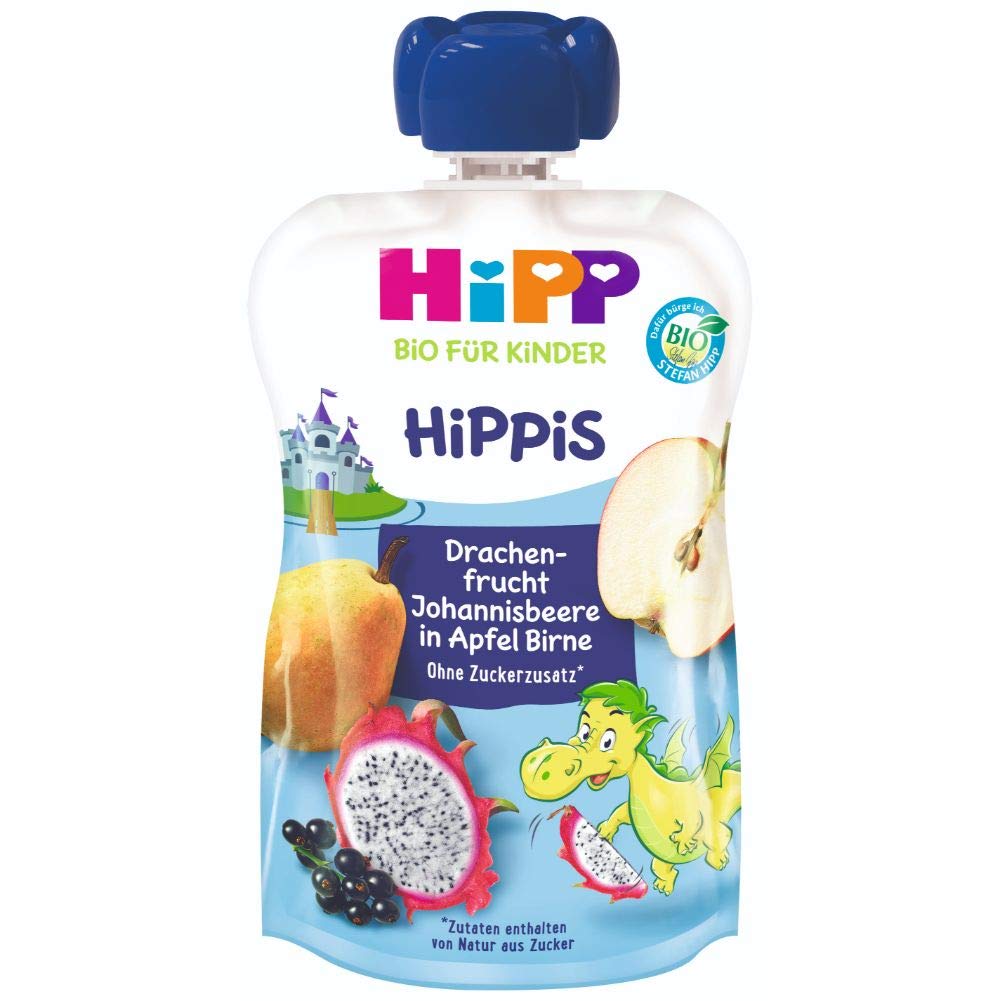 HiPP HiPPiS Quetschbeutel, Drachenfrucht-Johannisbeere in Apfel-Birne, 100% Bio-Früchte ohne Zuckerzusatz, 6 x 100 g Beutel