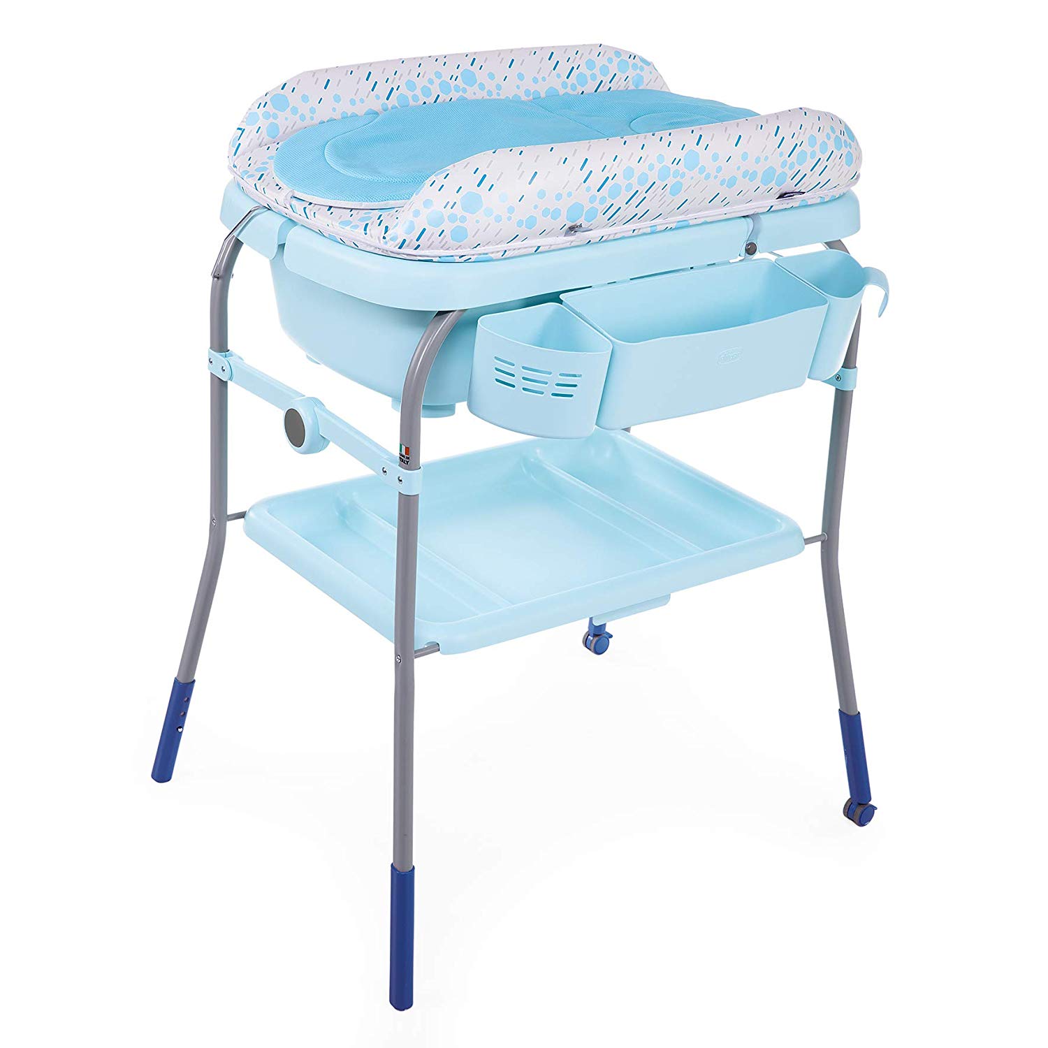 Chicco Cuddle & Bubble Ergonomic Baby Bath with Stand and Changing Table with Cushion and Soft Reducing Pillow, Height Adjustable, Compact Closure, Storage Area and 2 Wheels, Maximum 11 kg