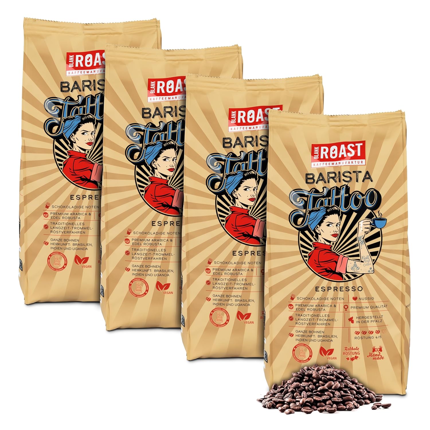BLANK ROAST - Barista Tattoo Espresso - 1 kg (Pack of 4) - Roasted in the Drum - Beans from the Best Growing Regions - Premium Arabica & Elegant Robusta - Chocolaty & Nutty - Low Acid