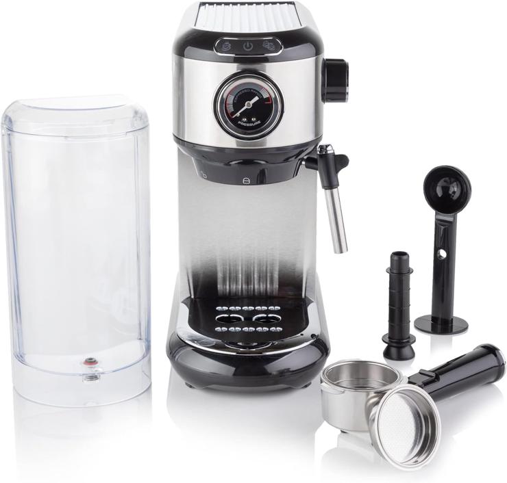 Vitinni Espresso Machine, Professional Milk Frother, 15 Bar Pressure Pump, Milk Foam Nozzle, 1450 W, Includes Barista Kit, Cup Warmer Rack, 1 Liter Water Tank, Ground Coffee, Silver