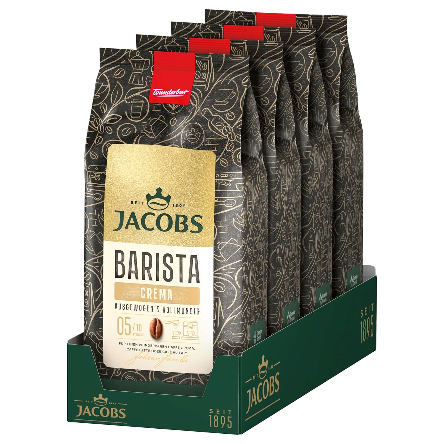 Jacobs Barista Crema Coffee Beans 4 x 1 kg - Balanced, Citrus Note, Nutty, Arabica & Robusta Beans, Intensity 5/10, Ideal for Coffee Crema (Pack of 4)