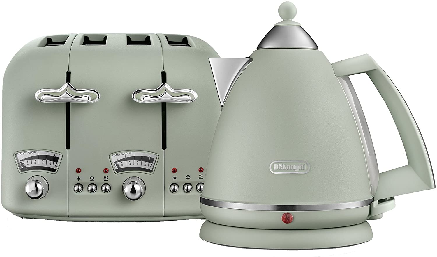 DeLonghi De\'Longhi KBX3016 Argento Flora Kettle (3 kW) and CTO4 Toaster with 4 Panes (1800 W), Green