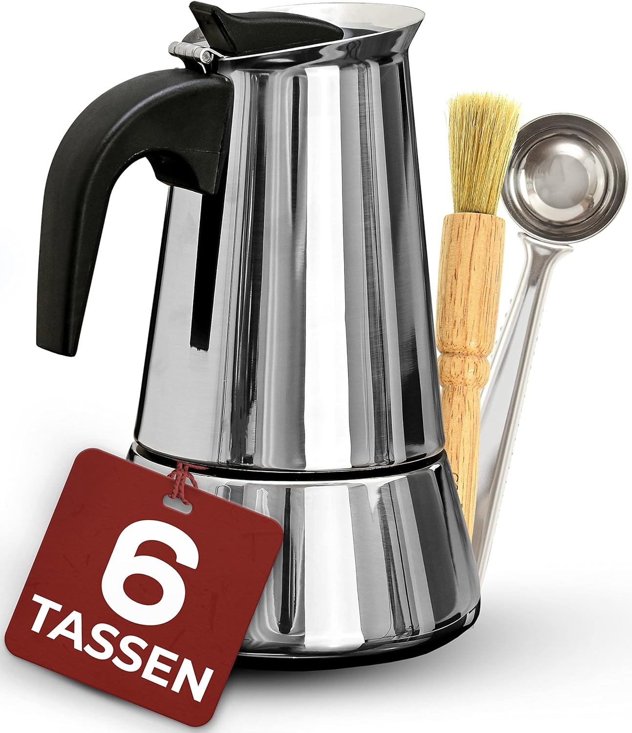 Cosumy Espresso Maker Suitable for Induction Cookers - 6 Cups - Stainless Steel - Set With Dosing Spoon and Brush - 300 ml