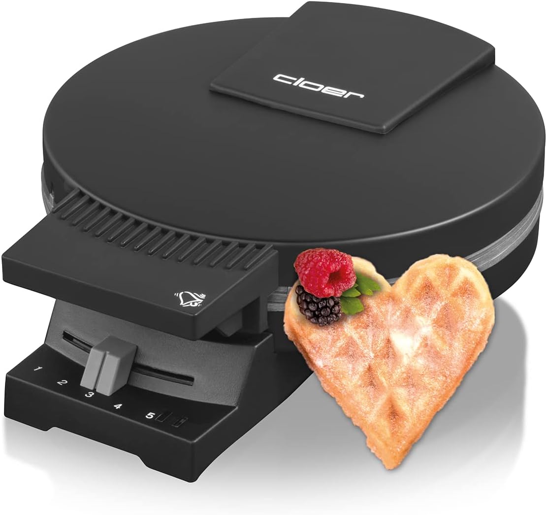 Cloer 180 Waffle Irons for a Heart Waffle, 930 W, Waffle Size 16 cm, Heavy Baking Plates, Optical and Acoustic Completion Message, Metal, Black