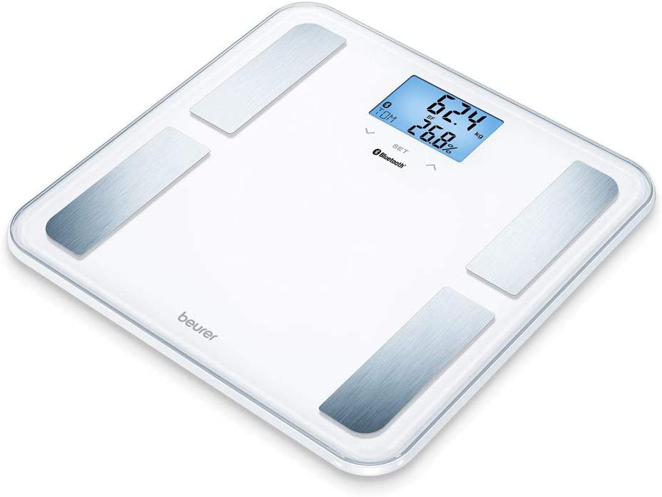 Beurer BF 850 Diagnostic Scales White Extra Large Tread Area Measurement Body Fat, Body Water, Muscle Percentage and Bone Mass, Calorie Requirement AMR/BMR, BMI with App, Certified Data Protection