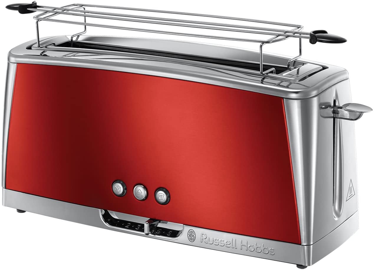 Russell Hobbs Luna 23250-56 Long Slot Toaster Red, Extra Wide 1 Slotted Chamber, Bun Attachment, 6 Adjustable Browning Levels + Defrosting & Warming Function, Quick Toast Technology, 1420 W,