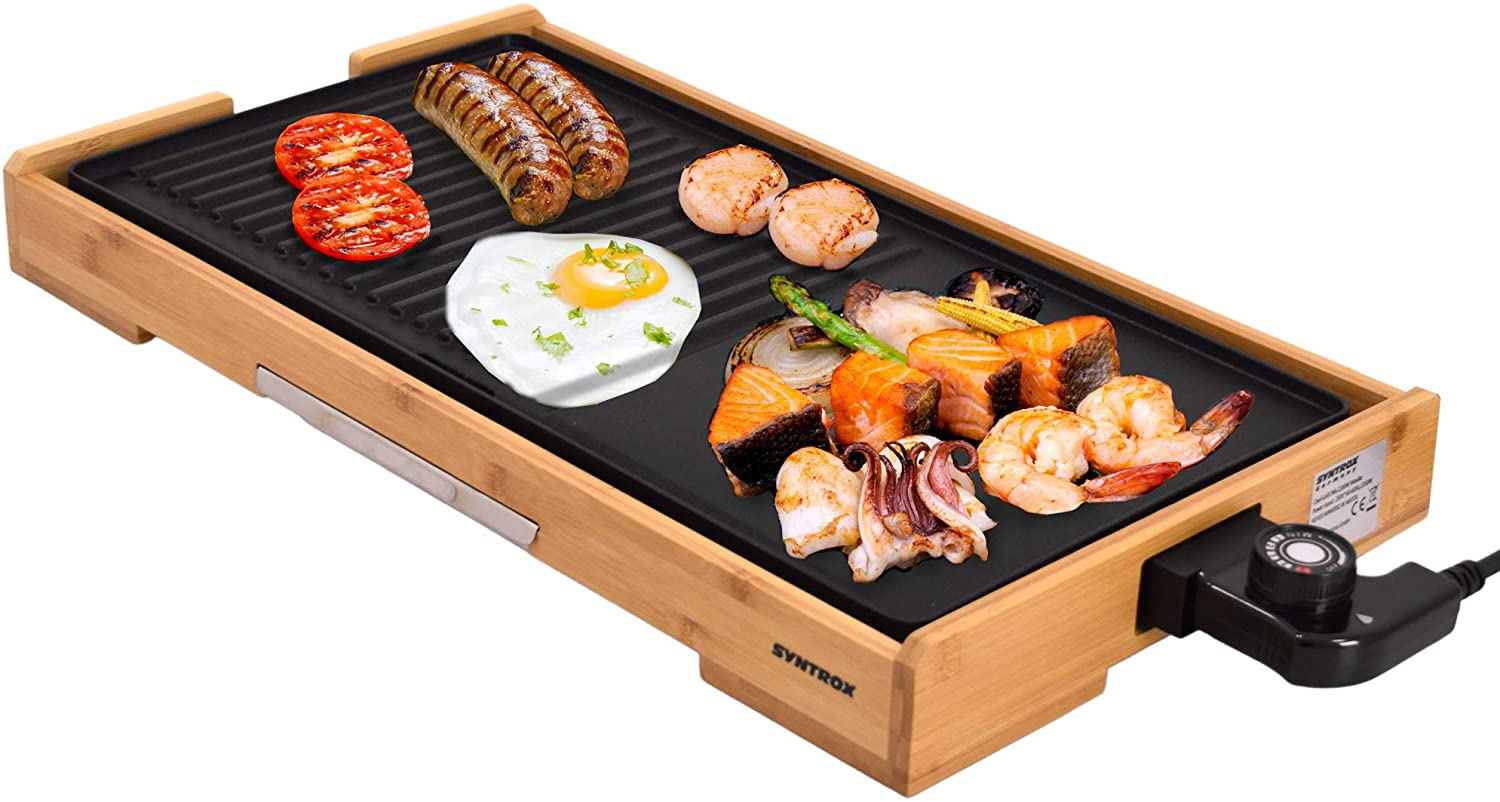 Syntrox Germany Plancha Grill Table Grill Mexico Grill Plate Half Ribbed / Half Smooth 2200 W Non-Stick Coating Wood Design
