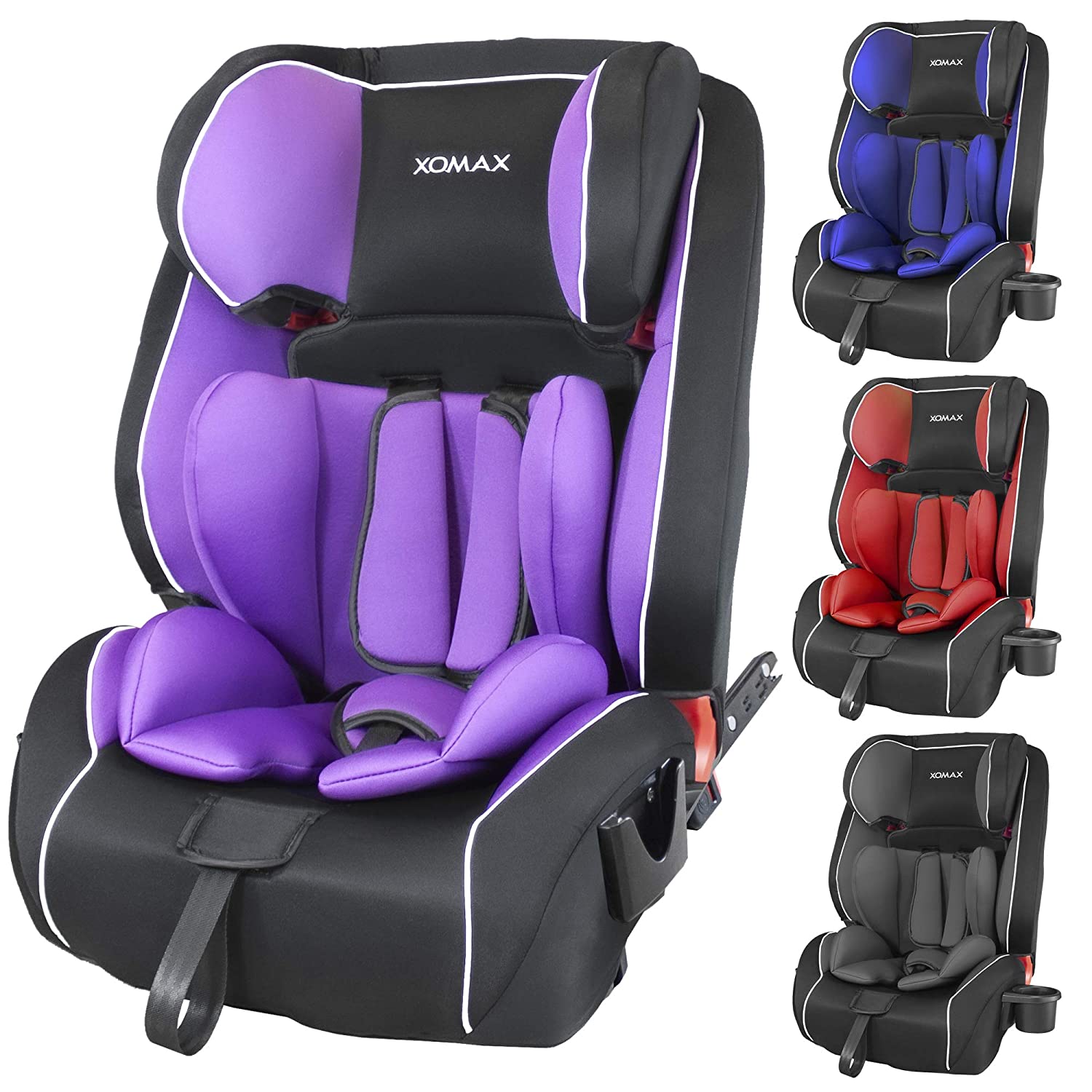 Xomax HQ668 Isofix Child Car Seat, 9 - 36 kg with Bottle Holder, Grows with Your Child: 1 - 12 Years, Group 1 / 2 / 3, 5-Point Harness and 3-Point Harness, Removable and Washable Cover, ECE R44/04 Purple