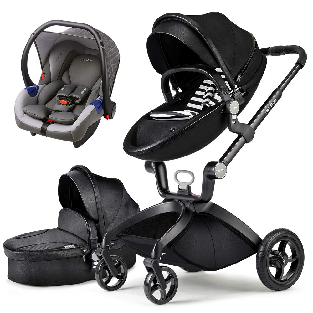 Hot Mom High Landscape Combi Pushchair with Buggy Attachment and Carrycot 3-1 Buggy F22 PU Leather Reversible Attachments with PU Wheels - 2020 New Design white pink