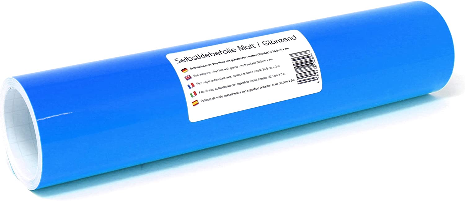 Finest Folia 3 m x 31 cm Plotter Film 105 Colours Matt/Glossy Self-Adhesive Craft Film for Plotting Furniture Film (052 Azure Blue, Matte)