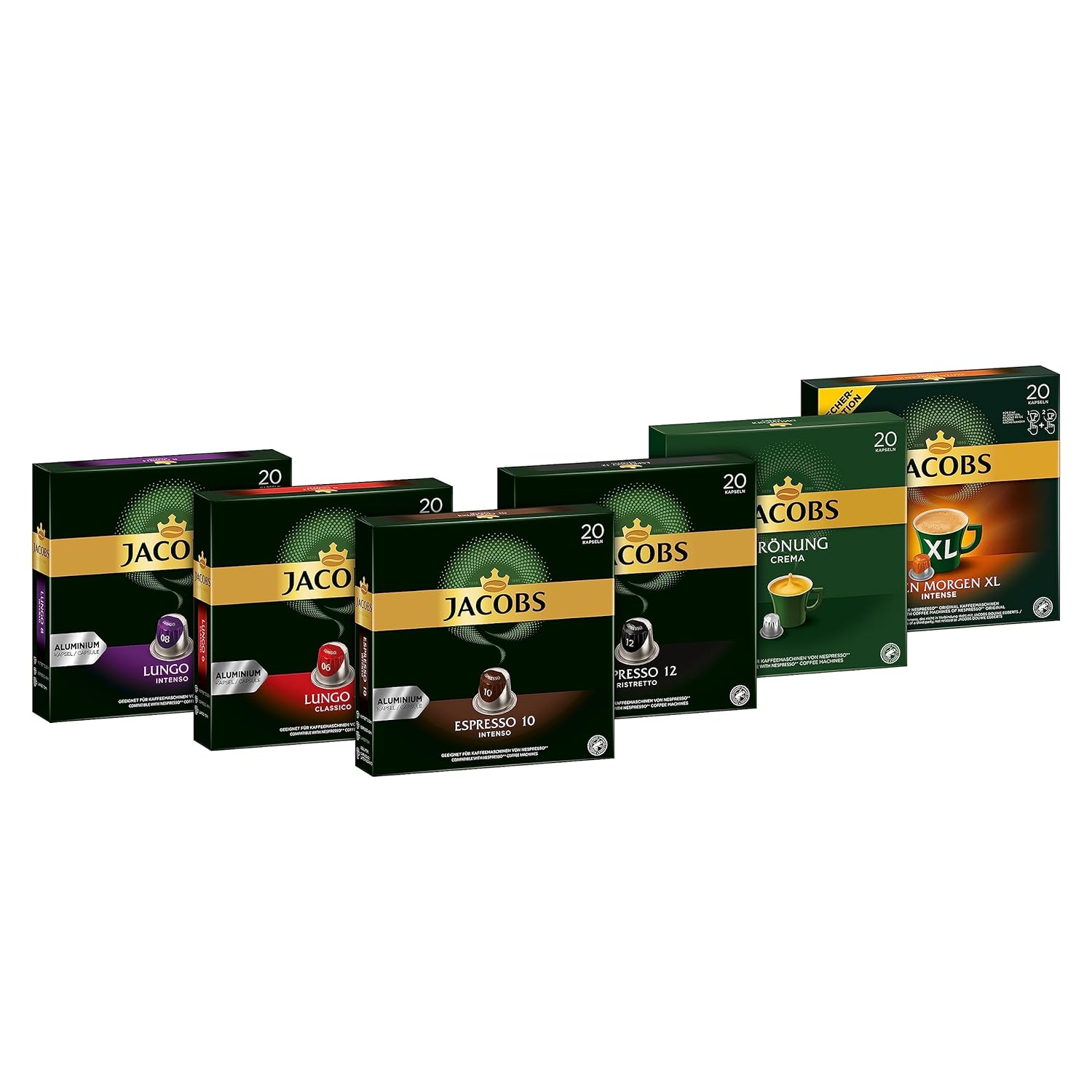 Jacobs Capsules Variety Pack - 120 Nespresso® Compatible Aluminum Coffee Capsules - 6 Different Types (6 x 20 Capsules)