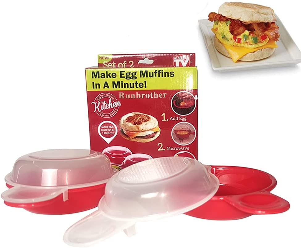 qc-55 Microwave Egg Cooker, Red and Clear Breakfast Pan Fits Muffins, Cookies, Bagels and More, Non-Stick Set of 2