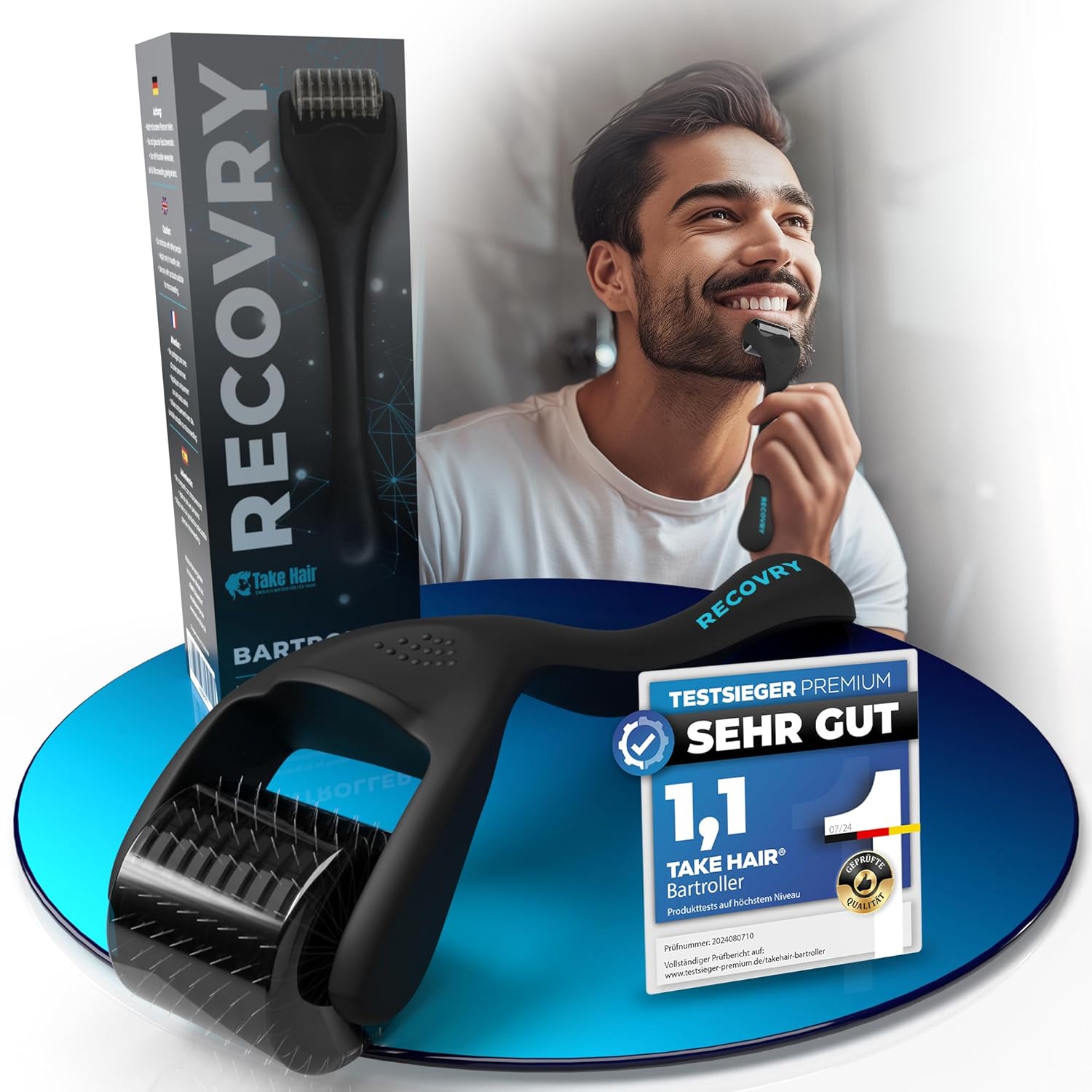 RECOVRY Beard Roller Beard Growth - 192 Real Needles for Maximum Beard Growth - Derma Roller with Stainless Steel Needles - Increases Beard Density | Beard Roller