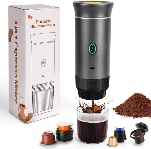 LAMA Portable Coffee Machine, Electric Espresso Machine, Capsule Machine, Compatible with Coffee Capsules & Coffee Powder, Instant Warming Mini Coffee Machine for Camping, Car, Travel, Grey
