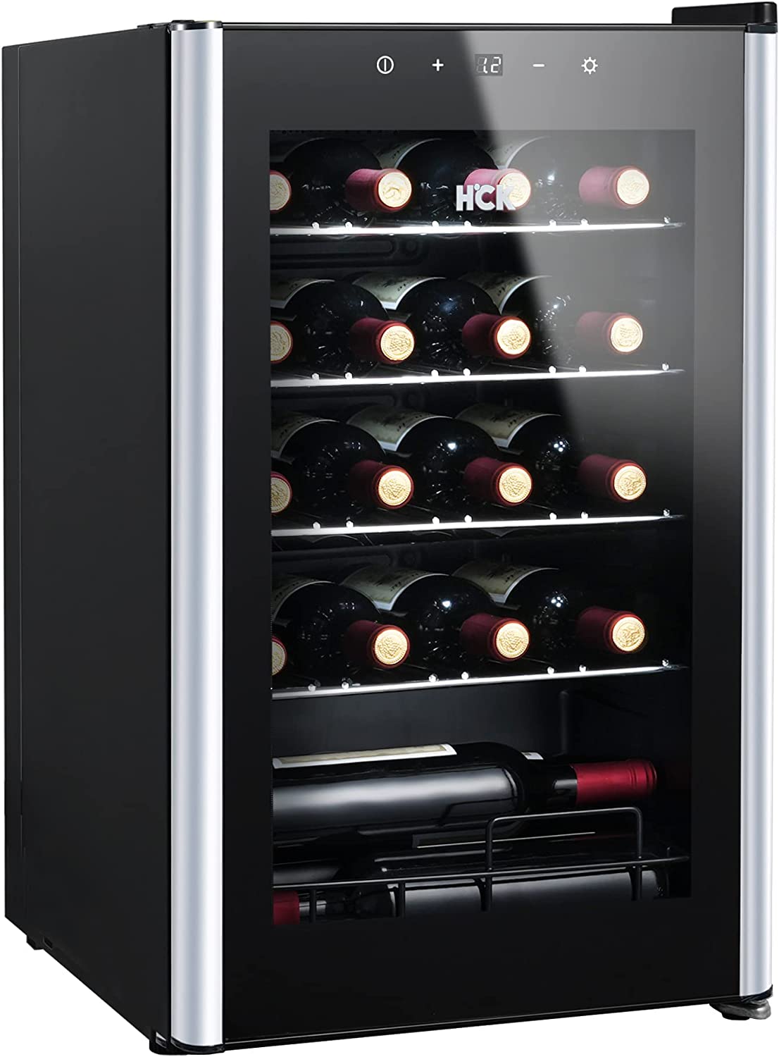 HCK Wine Fridge, Wine Refrigerator, 24 Bottles, 70 Litres, Single Cooling Zone 4-22°C, Wine Fridge Small with Glass Door, Full Glass Touch Panel Design, Black