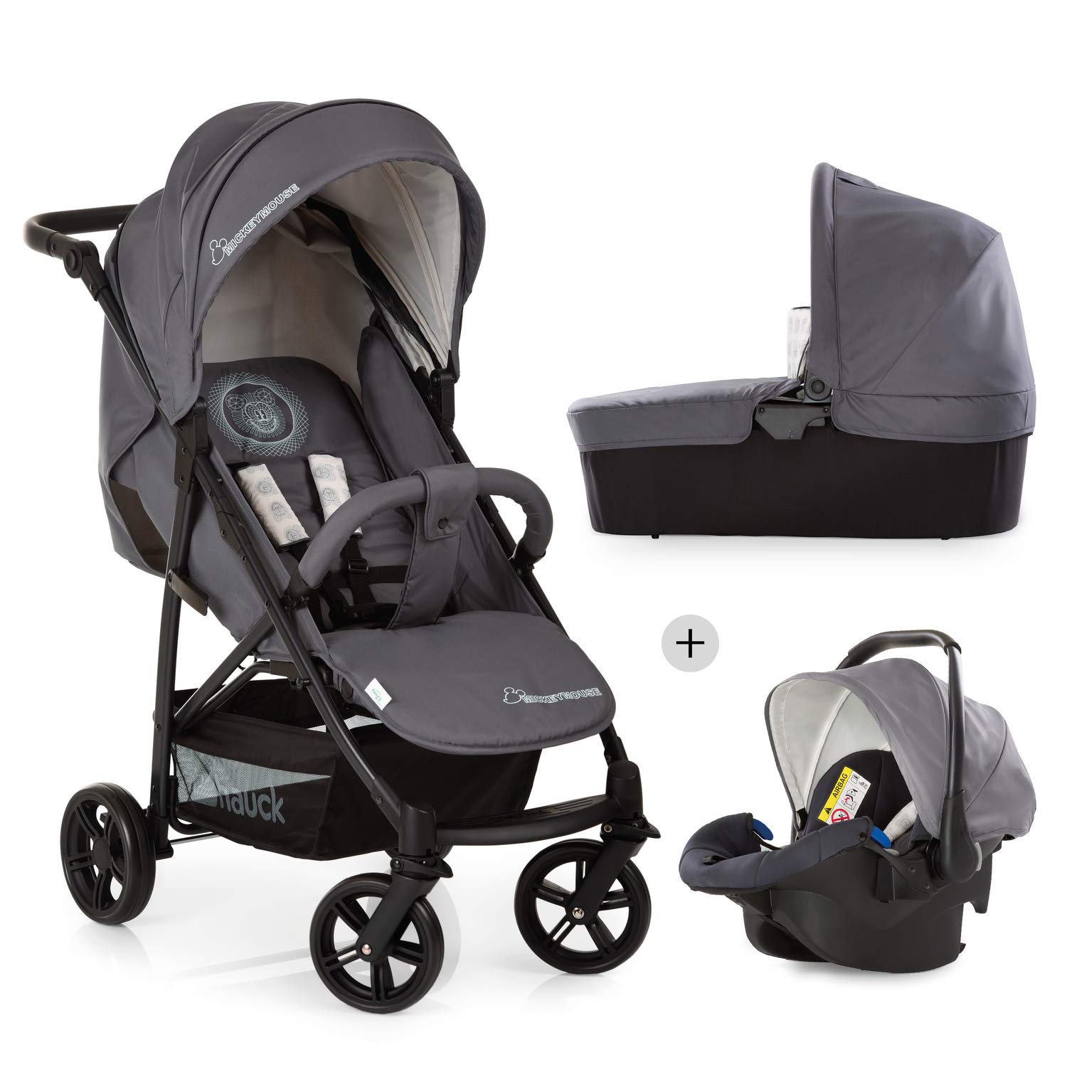 Hauck Disney Rapid 4X Plus Trio Combi Pushchair Set / XL Sun Cover / Baby Bath Including Mattress / Travel System with Car Seat / Quick Folding / Height Adjustable / Up to 25 kg / Mickey Grey