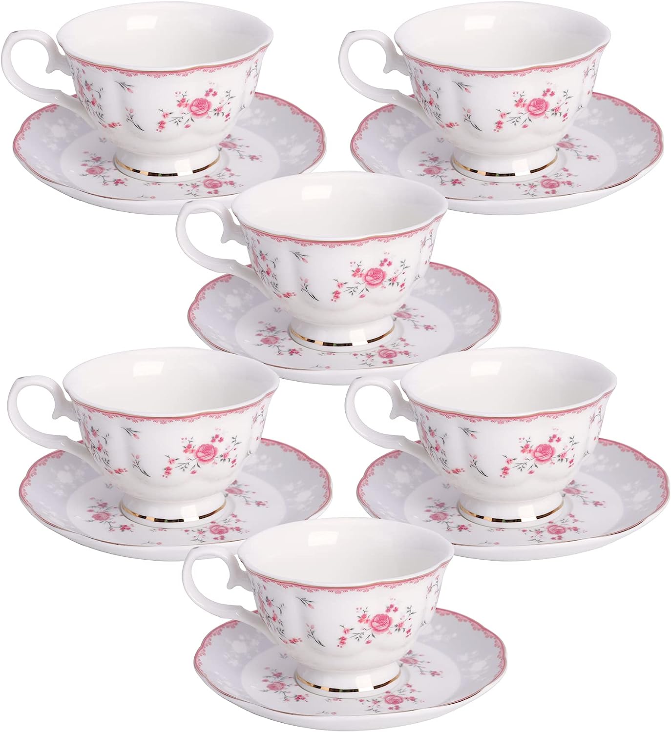 Pink Rose Flower Set of 6 Tea Cups and Saucers, Porcelain with Gold Rim, 150 ml