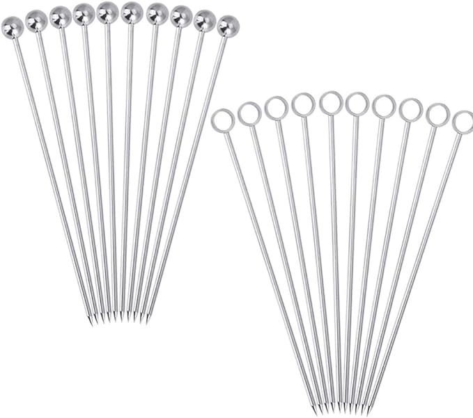 Favengo Set of 20 Stainless Steel Cocktail Sticks Reusable Ccocktail Sticks Fruit Sticks Cocktail Picks for Finger Food, Small Snacks, Antipasti and Cocktails