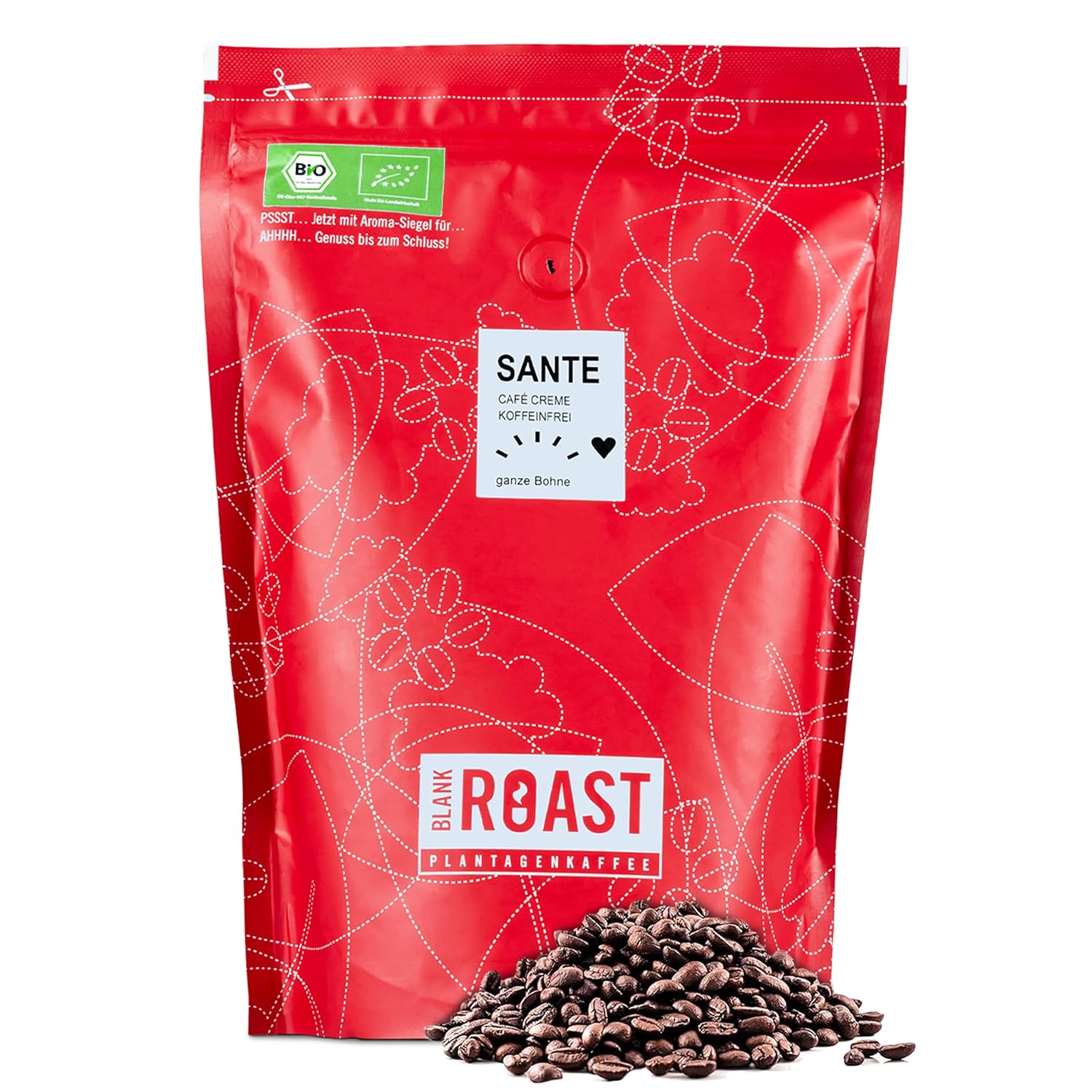 Blank Roast - SANTE - 1 kg - Organic Coffee Beans Caffeine Free - 100% Arabica from Peru - Gentle & Environmentally Friendly Decaffeinated - Low Acid with Full Cream - Ideal for Any Type of