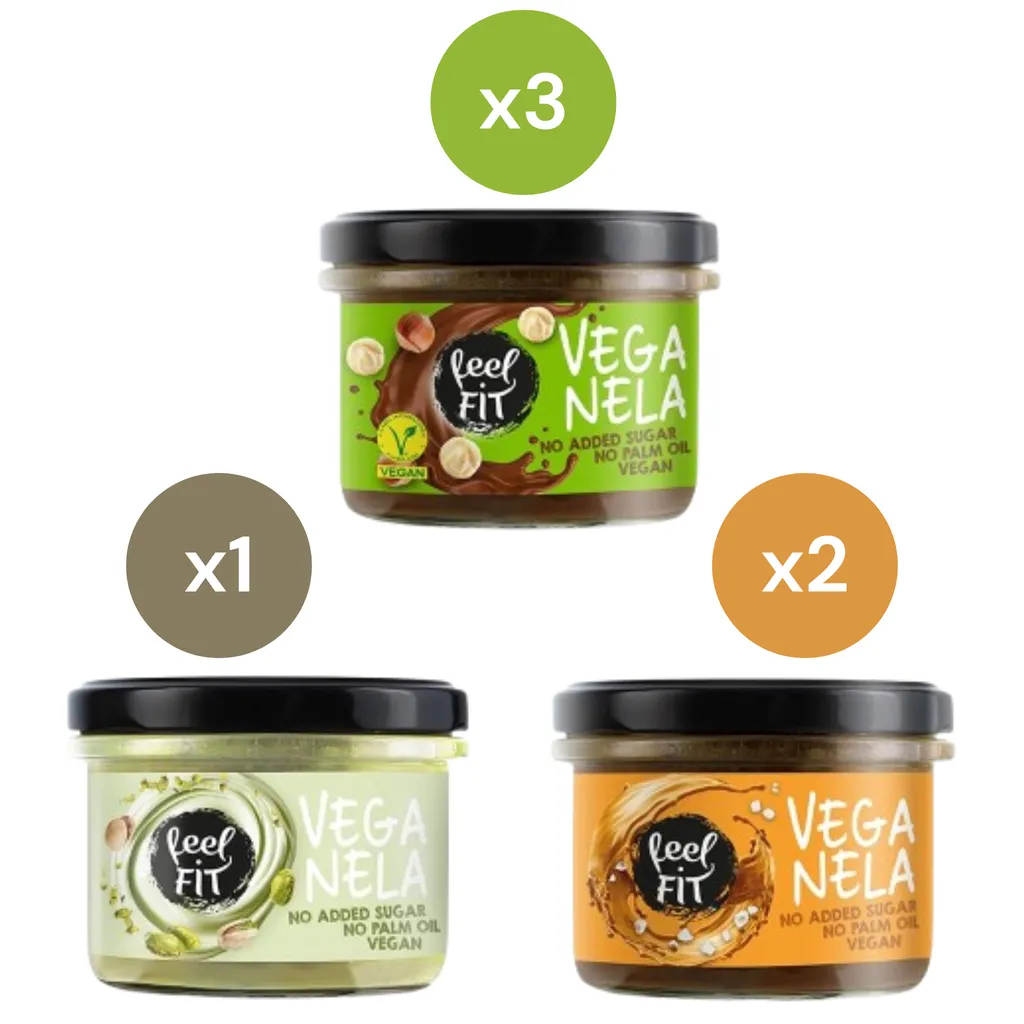 Feel FIT Vegan Creme MIX - Pflanzliche Mousse ohne Zucker und Palmöl, Brotaufstrich mit Kakao Haselnuss, Pistazien creme und Gesalzene Karamell 6x200g