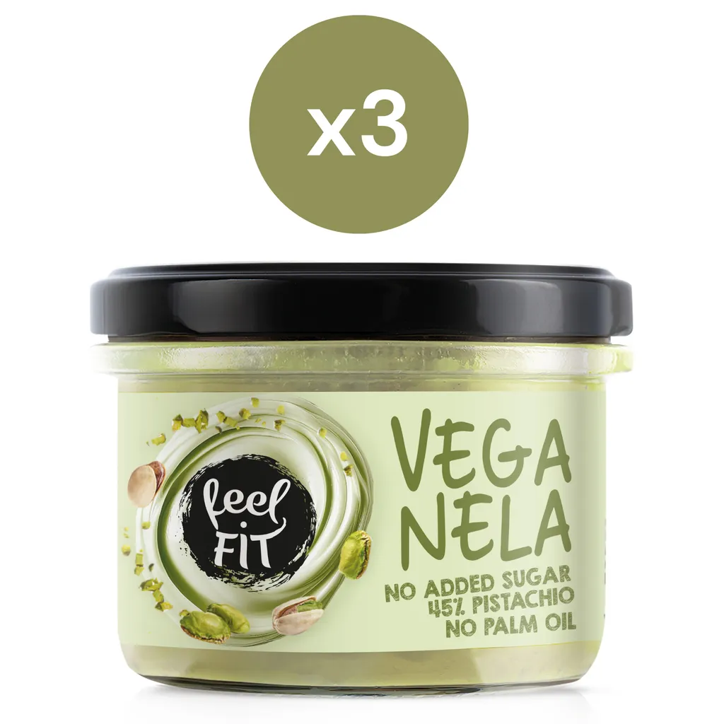 Feel FIT VEGANELA - 45% Pistazien - Pistaziencreme ohne Zucker - Vegane Nuss Brotaufstrich, Vegane Süßigkeiten, Pistazienmus ohne Palmöl (3x200g)