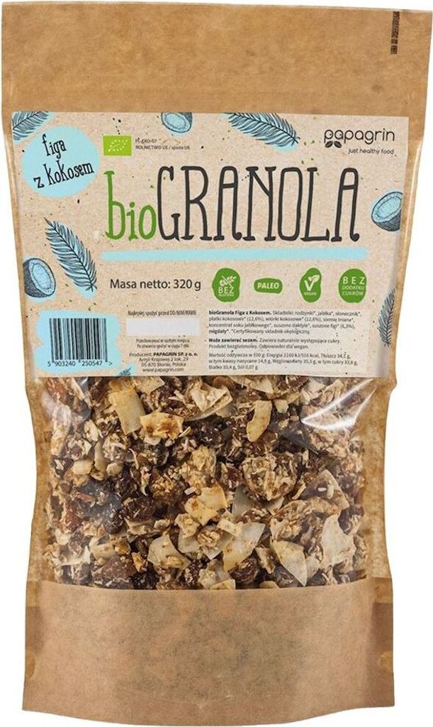 FEIGENGRANOLA MIT KOKOSNUSS OHNE ZUCKERZUSATZ, GLUTENFREI,320 g - PAPAGRIN