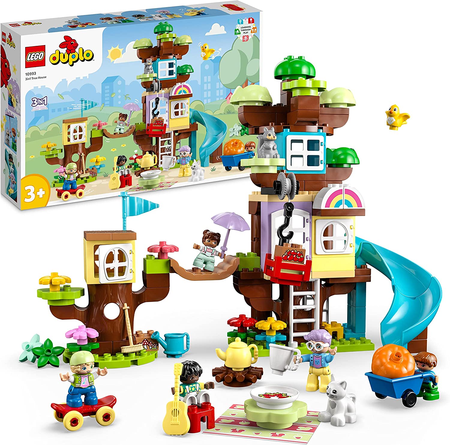 LEGO 10993 Duplo 3-in-1 Tree House Toy for Toddlers from 3 Years, Girls and Boys with 4 Figures, Animals, Construction Toy with Building Blocks and a Slide, Educational Toy