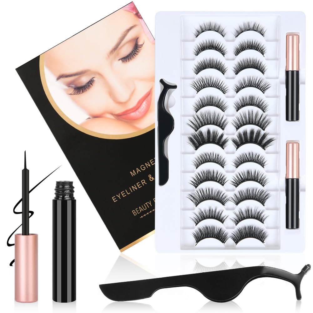 Magnetic Eyelashes, Magnetic Liquid Eyeliner, 3D Thick Long Fluffy Artificial False Eyelashes, Natural Magnetic Eyelashes Set with Pliers, Waterproof and Reusable (12 Pairs)