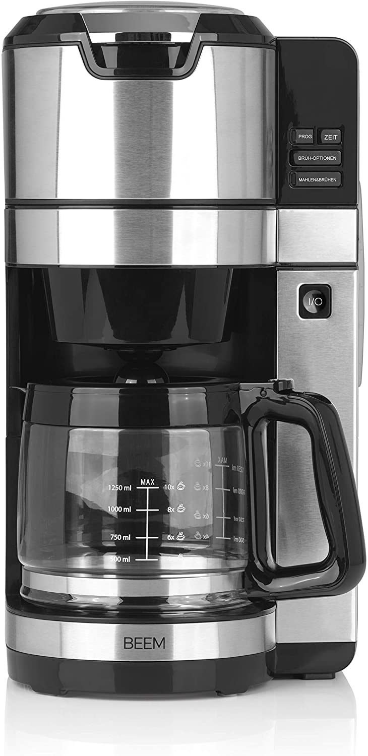 BEEM FRESH-AROMA-PURE Filter Coffee Maker with Grinder - Glass Stainless Steel 1.25 l Glass Jug 24 Hour Timer Cleaning Program 1100 W