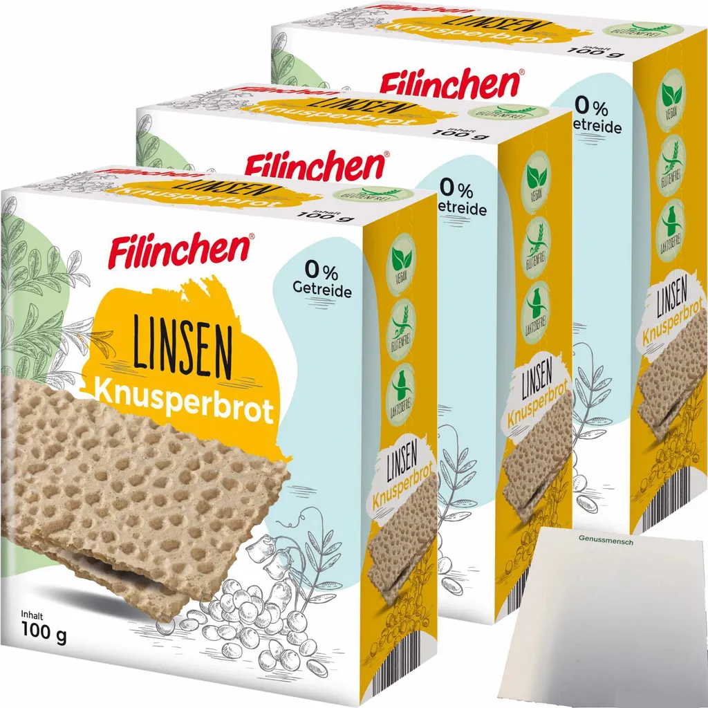 Filinchen Lentil Crispy Bread Gluten-free vegan 3-pack (3x100g pack) + usy Block