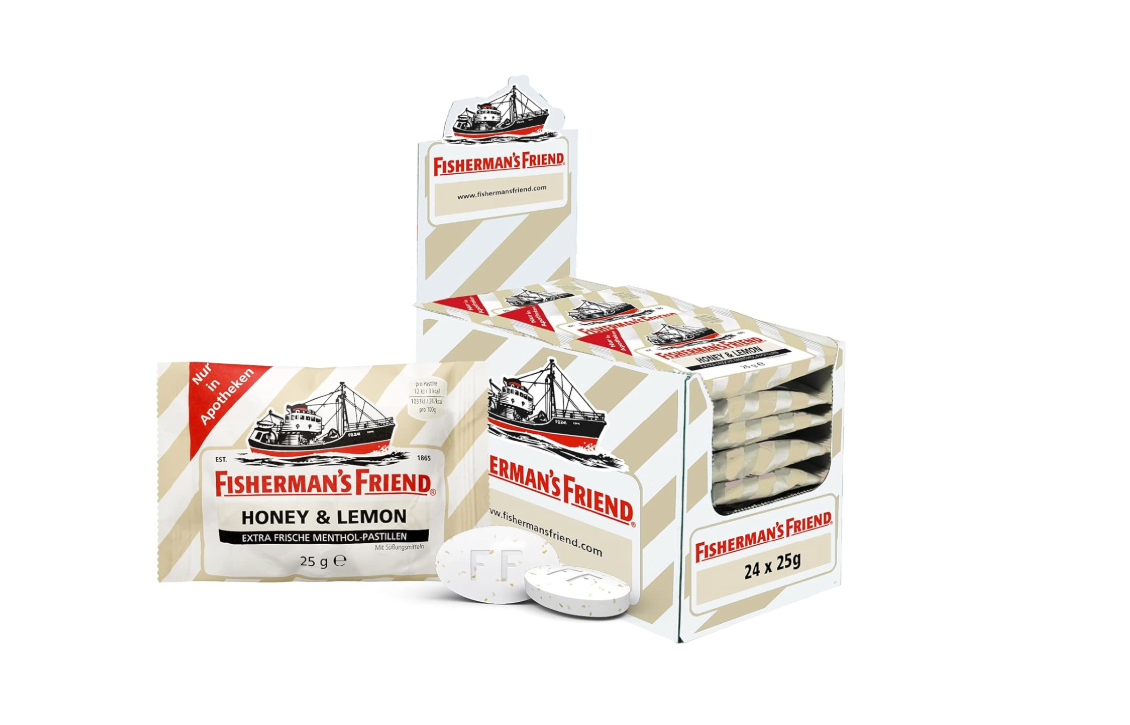 Fisherman\'s Friend Honey & Lemon, 24 Storage Boxes, Exclusive Variety: Honey, Lemon & Menthol Flavour, Sugar-Free, Sweet for Fresh Breath, 24 x 25 g