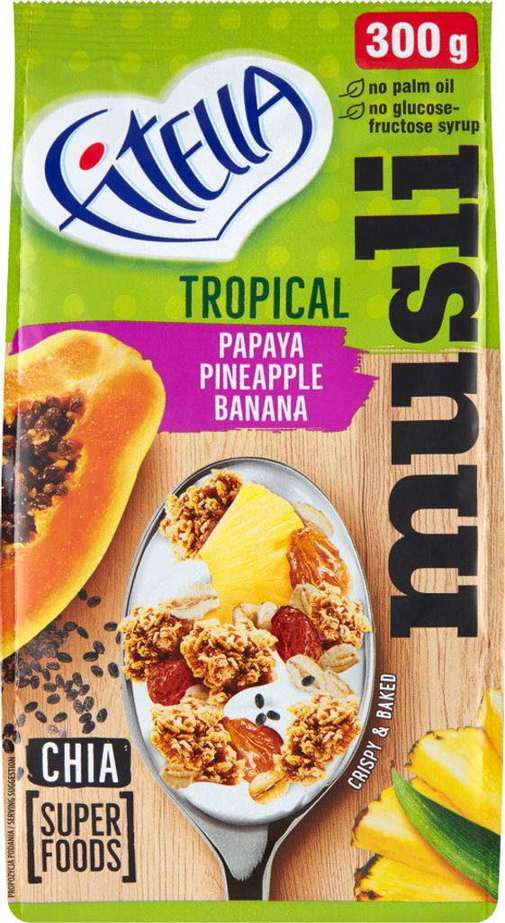 Fitella Tropical Crunchy Müsli mit Papaya, Ananas, Banane und Chia-Samen 300 G