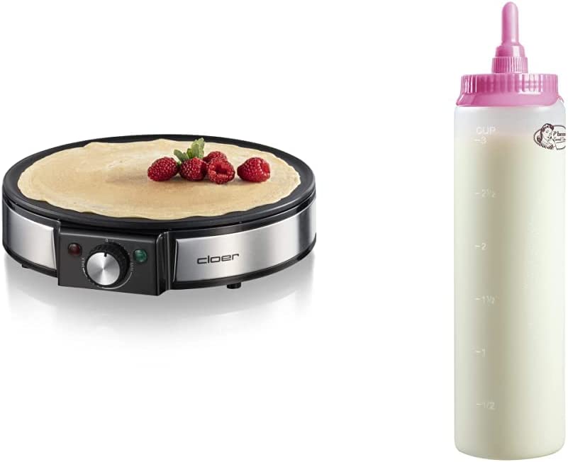 Cloer 6630 Crepe Maker for Sweet or Savoury Crepes with 30 cm Diameter, 1200 W, Non-Stick Coating, Includes Wooden Dough Spreader and Spatula, Black & Bestron Dough Scoop with Scale, 700 ml, White