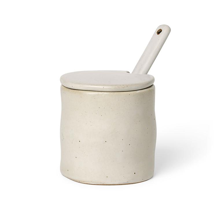 Flow jam container with spoon