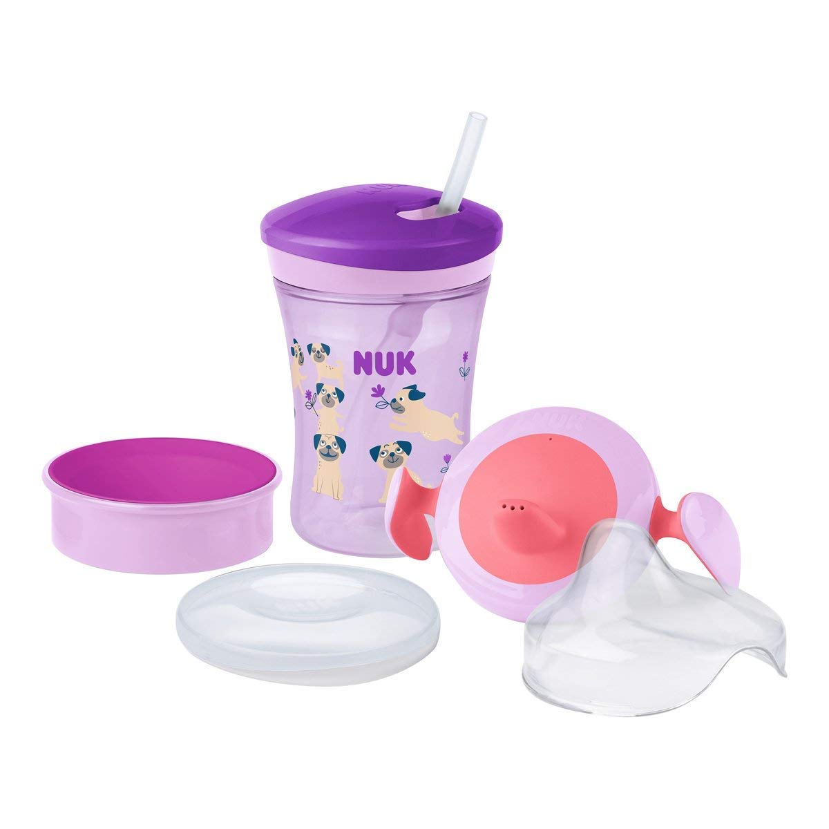 NUK 3-in-1 Drinking Set with Trainer Cup Trainer Cup Sippy Cup (6+ Months), Magic Cup 360° Drinking Cup (8+ M) & Action Cup Drinking Bottle Children (12+ M) | 230 ml | BPA-Free | Dog (Purple)