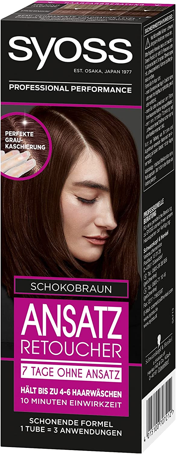 Syoss Ansatz Retoucher Hair Colour 7 Days Without Roots Chocolate Brown Pack of 3 x 85 ml, ‎choco