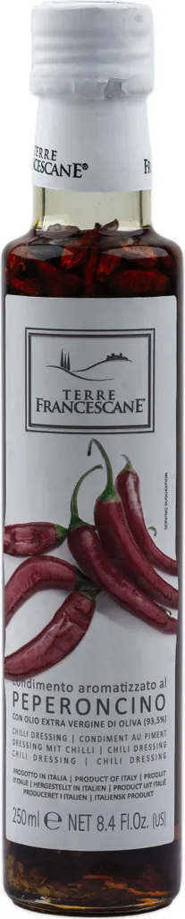 Food-United Chili-Öl 250ml von TERRE FRANCESCANE Extra Natives Olivenöl mit Chili-Schoten Premium-Dressing-Öl aus Italien für Feinschmecker-innen und die mediterrane Küche