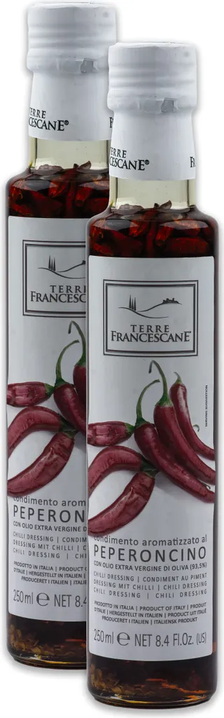Food-United Chili-Öl 2x 250ml von TERRE FRANCESCANE Extra Natives Olivenöl mit Chili-Schoten Premium-Dressing-Öl aus Italien für Feinschmecker-innen und die mediterrane Küche