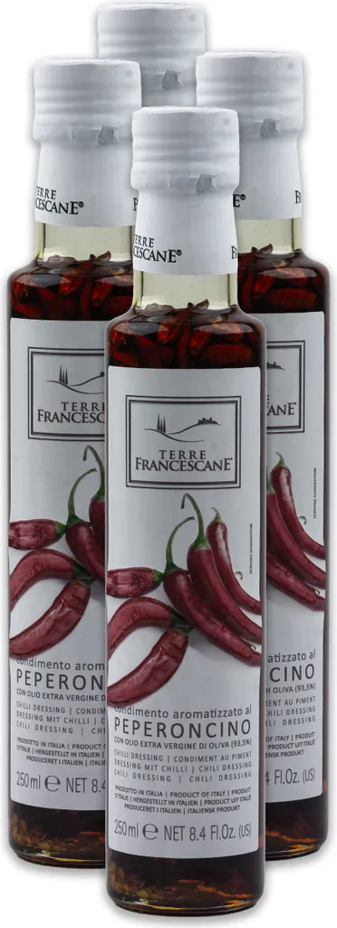 Food-United Chili-Öl 4x 250ml von TERRE FRANCESCANE Extra Natives Olivenöl mit Chili-Schoten Premium-Dressing-Öl aus Italien für Feinschmecker-innen und die mediterrane Küche