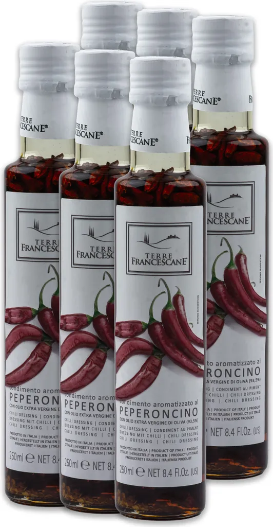 Food-United Chili-Öl 6x 250ml von TERRE FRANCESCANE Extra Natives Olivenöl mit Chili-Schoten Premium-Dressing-Öl aus Italien für Feinschmecker-innen und die mediterrane Küche