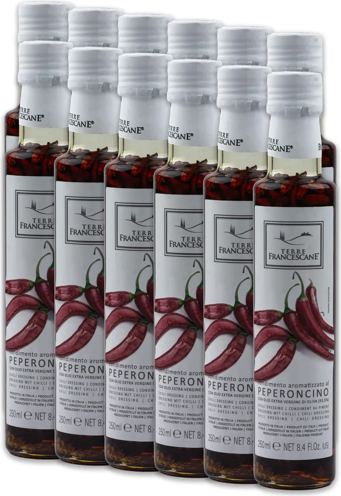 Food-United Chili-Öl 6x 250ml von TERRE FRANCESCANE Extra Natives Olivenöl mit Chili-Schoten Premium-Dressing-Öl aus Italien für Feinschmecker-innen und die mediterrane Küche