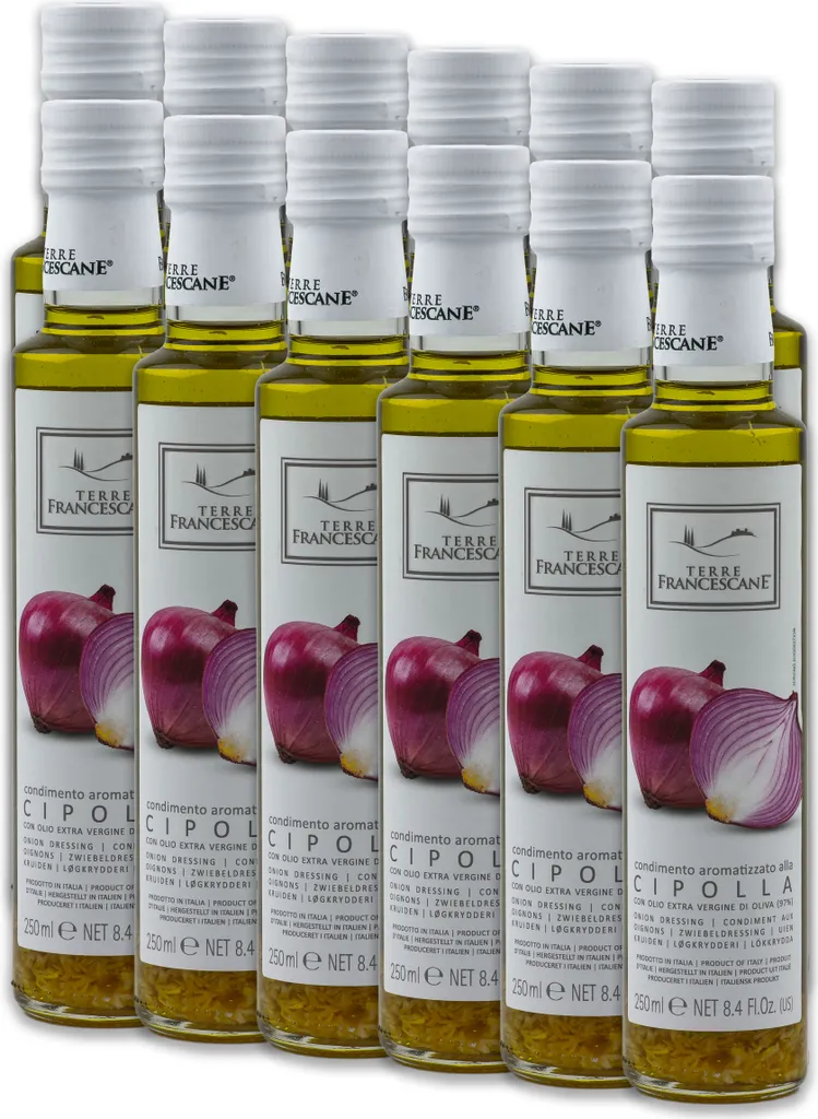 Food-United Cipolla-Öl 12x 250ml von TERRE FRANCESCANE Extra Natives Olivenöl mit Cipolla-Aroma Premium-Dressing-Öl aus Italien für Feinschmecker-innen und mediterrane Küche
