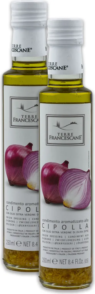 Food-United Cipolla-Öl 2x 250ml von TERRE FRANCESCANE Extra Natives Olivenöl mit Cipolla-Aroma Premium-Dressing-Öl aus Italien für Feinschmecker-innen und mediterrane Küche